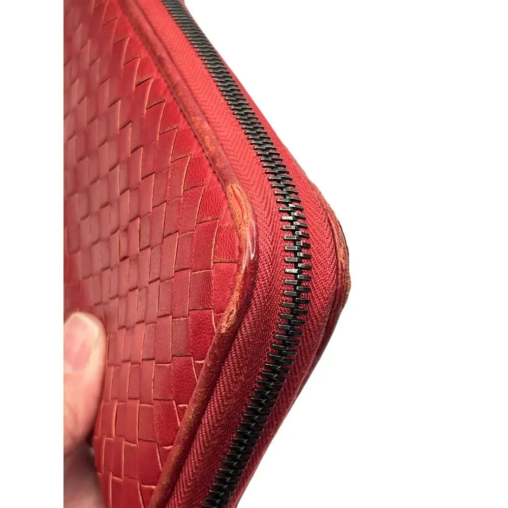 Bottega Veneta Intrecciato Red Leather Zip Around Continental Wallet